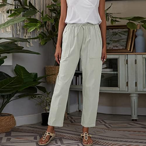 Pantaloni de lenjerie de bumbac pentru femei Pantaloni Casual de vară cu buzunare largi Cordon Solid Elastic cu talie înaltă