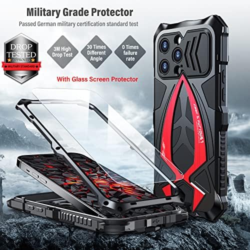 Carcasă telefonică Kumwum Armor pentru iPhone 14 Grad Militar Cover 360 Protecția completă cu protecție grea hibrid hibrid bara de protecție metalică încorporată în silicon rezistentă la șocuri cu protector de ecran - negru + roșu