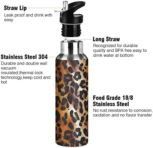 Sticlă de apă cu cravată cu imprimeu leopard cu capac de paie, fără BPA, 32 oz sticle de apă din oțel inoxidabil izolat, pentru școală, birou, sport