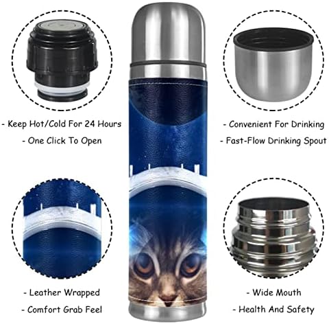 Lilibeely 17 oz în vid izolat din oțel inoxidabil sticla de apă sportivă de cafea cană de călătorie balon din piele autentică învelită BPA gratuit, frumoasă pisică în spațiu exterior