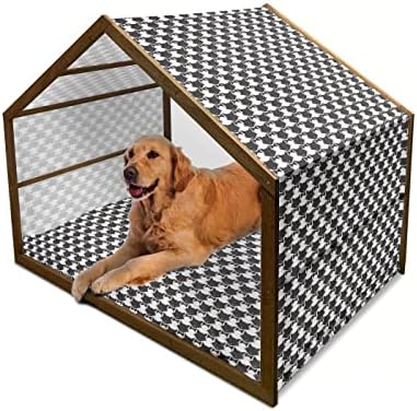 Casa de câini din lemn iubitor de pisici din Amentanne, model monocromatic al siluetei de pisoi cu un imprimeu cu papion, caninei portabile interioare și exterioare cu pernă și capac, X-mare, cărbune gri și alb