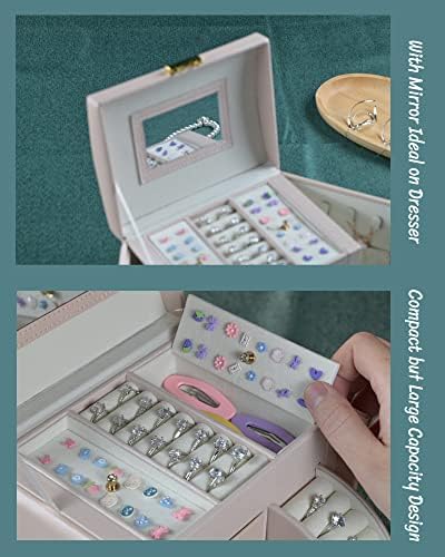 GDJMLAI Bijuterii de bijuterii Cutie pentru fete fete, cutia de bijuterii cu 3 straturi pentru inele cu încuietoare, organizator de cercei roz pentru colier cu oglindă, cutia de inele pentru fete adolescente