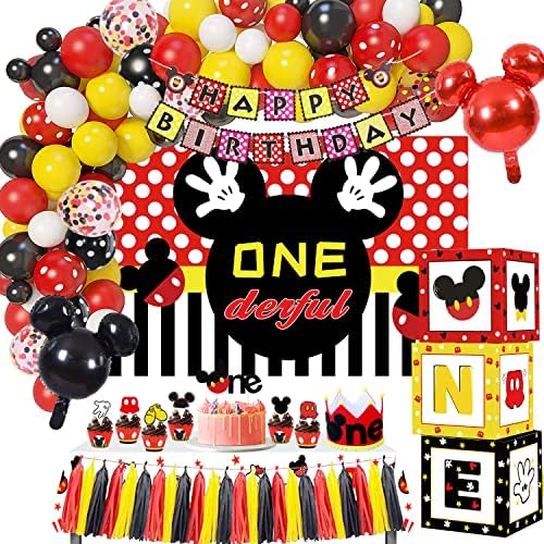 GREPARPY Mickey 1st Birthday Party Supplies - Mickey Tema Mouse-ul Partidul decoratiuni, fundal, balon Garland, balon Box, USA umeraș, Banner, coroana, Topper, Mickey prima aniversare Party Decoratiuni