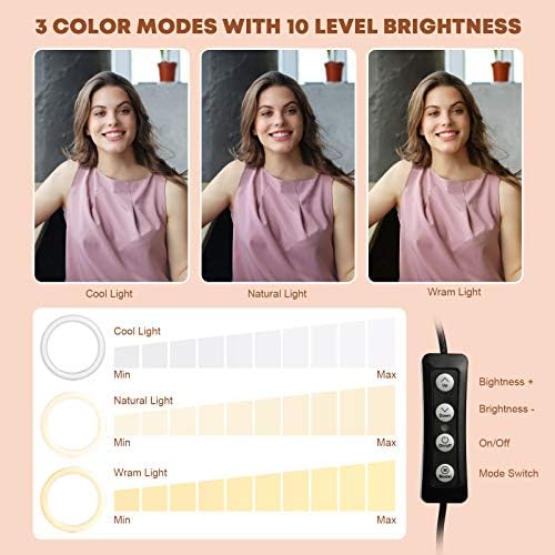 Todeco 10.2 Selfie Ring Light, lumină inelară reglabilă cu 2 Suport pentru telefon și suport pentru tabletă, 3 moduri de culoare
