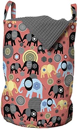 Geantă de rufe Ambesonne Elephant, model de Artă Modernă pentru iubitorii de elefanți elemente hexagonale circulare, coș de coș cu mânere Închidere cu șnur pentru spălătorii, 13 x 19, Multicolor