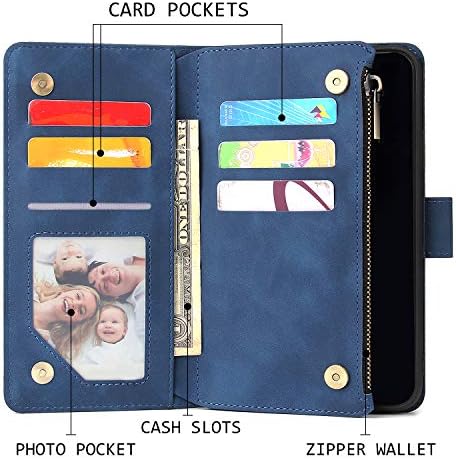 Ueebai portofel caz pentru iPhone 14 6.1 inch, Premium Vintage PU piele magnetice de închidere geantă de mână fermoar buzunar caz Kickstand Card sloturi cu încheietura curea caz Flip rezistent la șocuri-Albastru