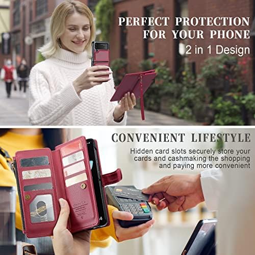 CaseMe pentru Samsung Galaxy Z Flip 4 5g caz portofel Husă pentru femei bărbați durabil 2 în 1 piele Premium detașabilă cu 10 sloturi pentru titularul cardului pungă cu fermoar Magnetic Flip curea curea brățară roșu