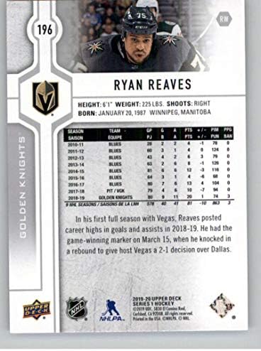 2019-20 Seria de hochei superior de punte 1196 Ryan Reaves Vegas Golden Knights oficial UD NHL Card de tranzacționare
