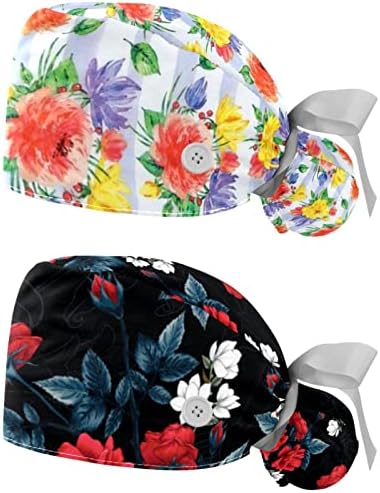 Pălărie de flori de flori cu cratițe și butoane 2 pachete Capace de scrub Femei părul lung de dimensiuni capacul capului de lucru