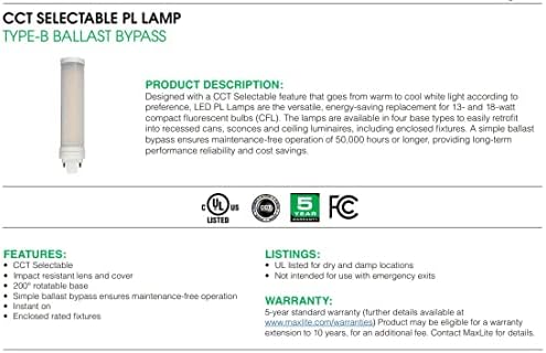 Maxlite 8PLG24QCS #104740 8W LED PL G24q bază CCT selectabil 2700/3000/3500/4000 / 5000k culoare Bypass Retrofit lampă 1 conta