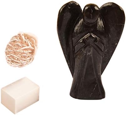 Vindecare binecuvântătoare Natural Natural Nuummite Stone Reiki sculptate Spiritual Spiritual Guardian Pocket Angel Healing | Crystal Therapy | Rose Desert Selenite | Cube selenit 2 inci aprox