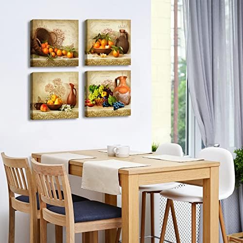Jiazugo Bucătărie Decor de perete Canvas Artă pentru sufragerie Vintage Temă Temă Imagini cu fructe Farmhouse Semne rustice tablouri Accesorii Bare Realism Decorații încadrate colorate 4 PC -uri/Set