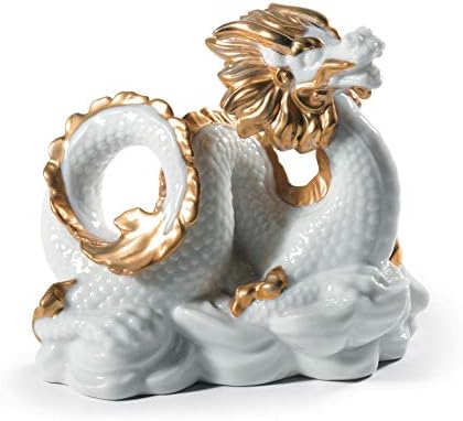 Lladró sculptura dragonului. Strălucire de aur și alb. Dragon de porțelan.