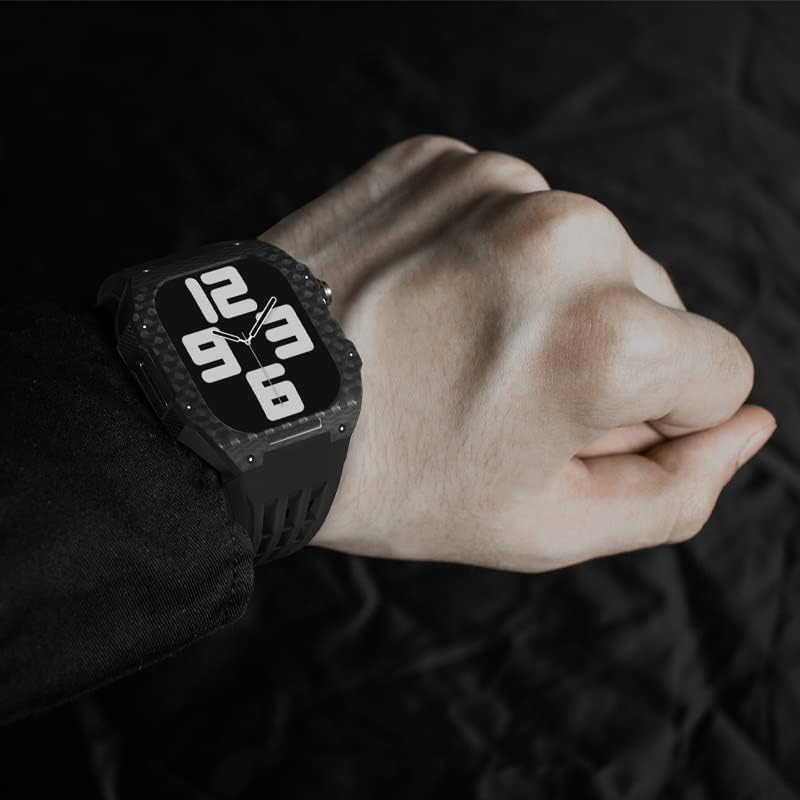 Czke Fluororubber Watch Band și Carbon Fiber Case Mod Kit ， pentru Apple Watch 8/7/6/5/4 Seria Upgrade Luxury Curea de înlocuire cu curea ， complet din fibră de carbon pentru IWatch 45mm 44mm (culoare: 08, dimensiune: 44m