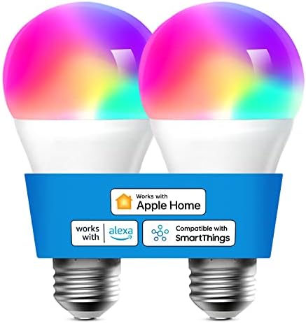 bec inteligent meross, becuri inteligente WiFi LED compatibile cu Apple HomeKit, Siri, Alexa, SmartThings, Dimmable E26 Multicolor 2700K - 6500K RGBWW, 900 lumeni 60W echivalent 2 pachete