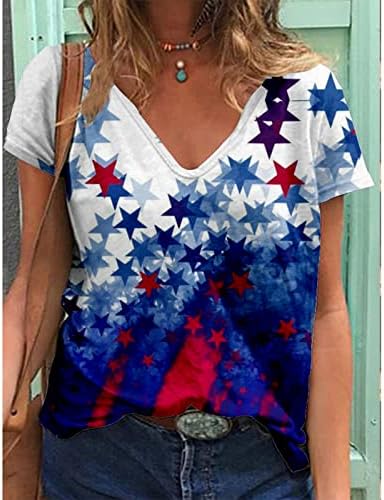 Fată adolescentă Colorblock 4 iulie tricouri cu imprimeu stea V bluze cu gât pătrat cămașă cu mânecă scurtă Brunch Tricouri 2023